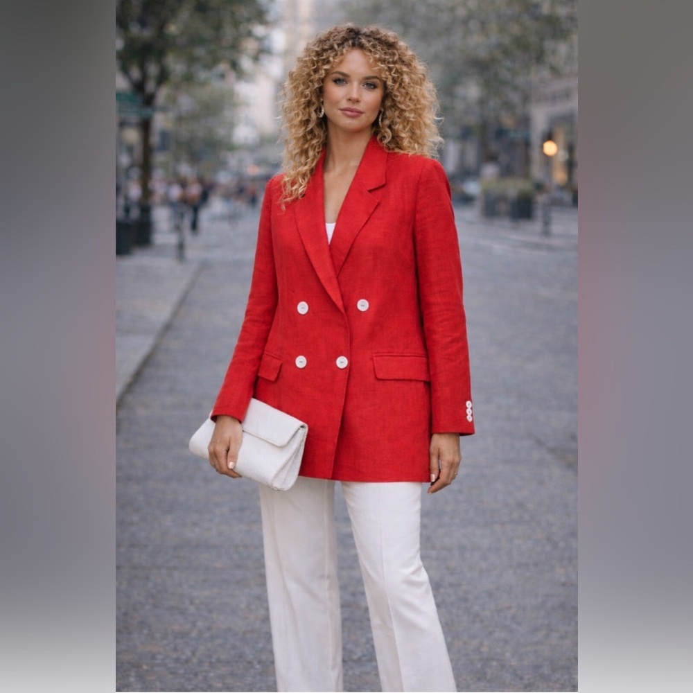 LAST CHANCE Zara Red Double-Breasted Linen Blazer with Textured Fabric(Oversized